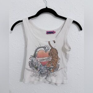 Edikted White Crop Top with Heart and Tiger Graphic
